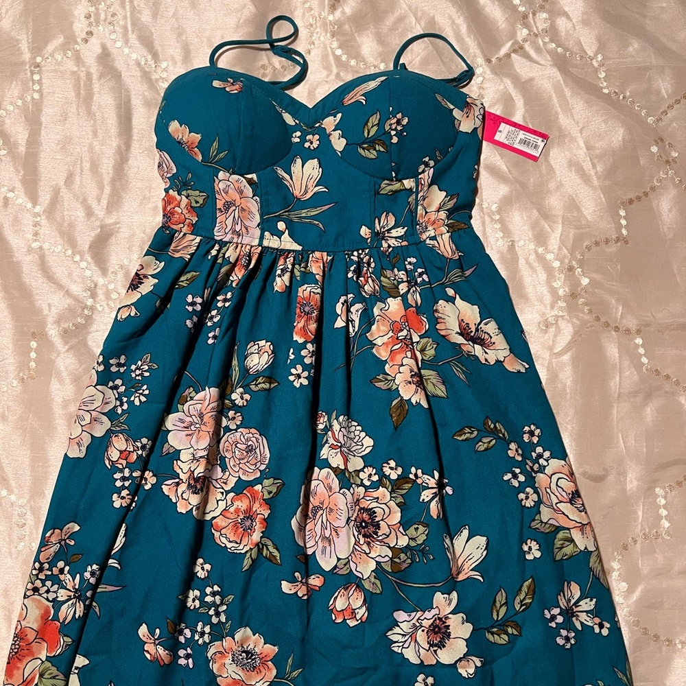 Teal Floral Mini Flowy Dress NWT